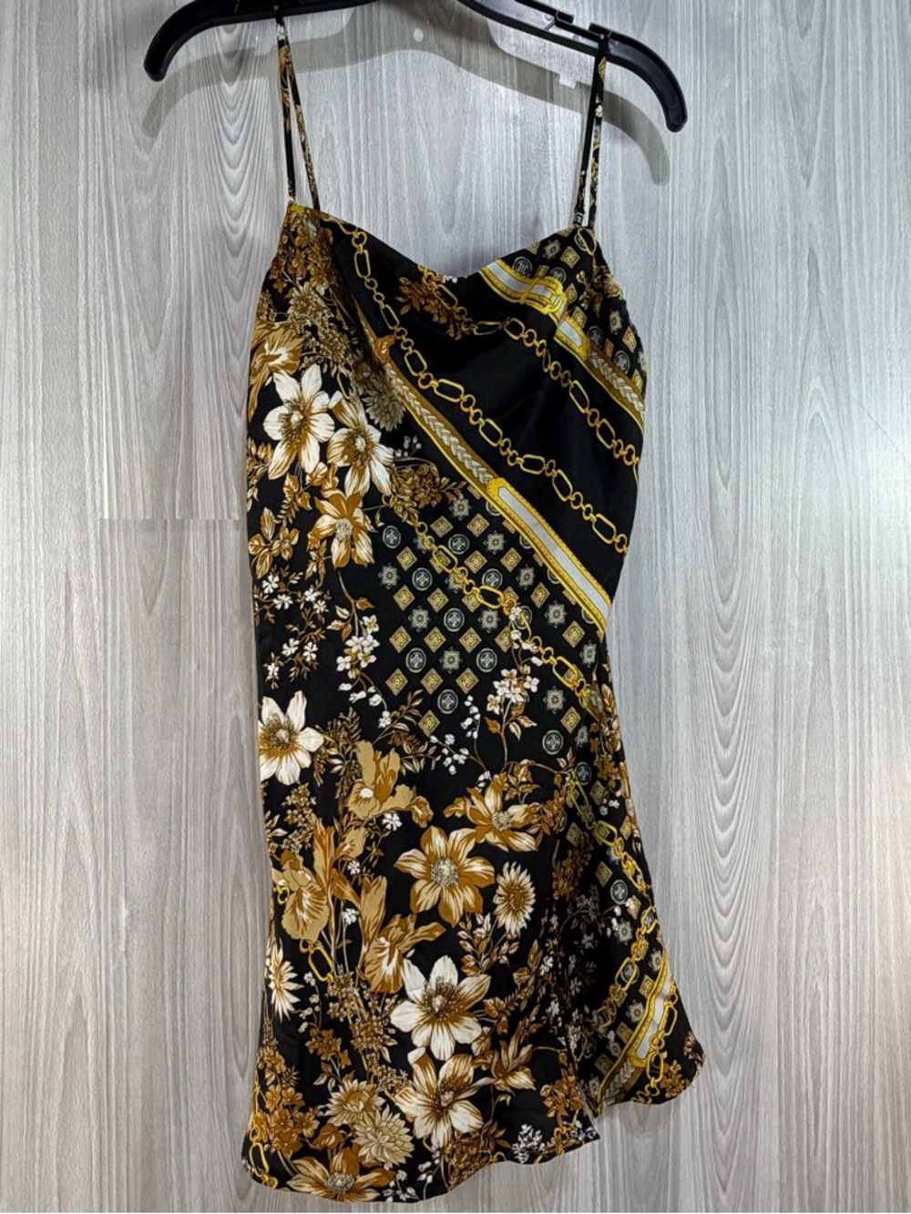 Princess Polly Womens Lucci Mini Slip Dress Black Gold Chain Floral‎ Satin 6
